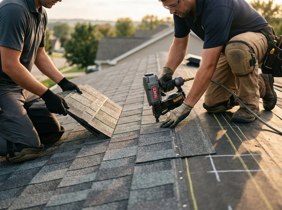 Professional roofer working on a residential roof in Fort Collins